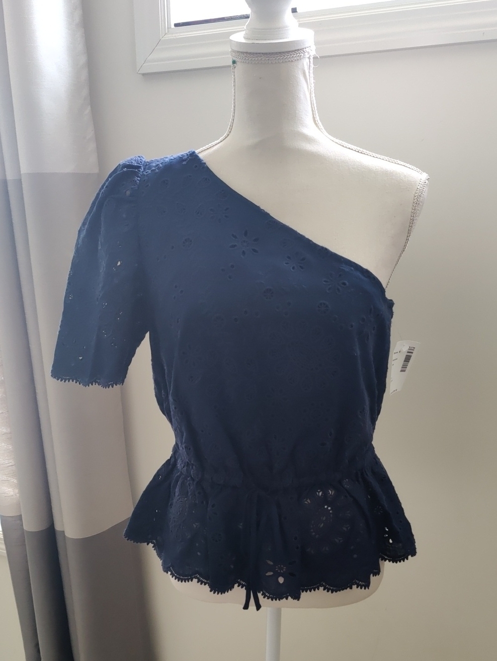 New!Polo Ralph Lauren Broderie Anglaise Navy One-Shoulder Eyelet Peplum Top Y2K - Picture 6 of 15